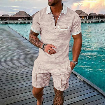 Riolio new summer Hawaiian Beach men's fashion lapel casual suit 3D digital print pullover zip-up short-sleeved men's shorts